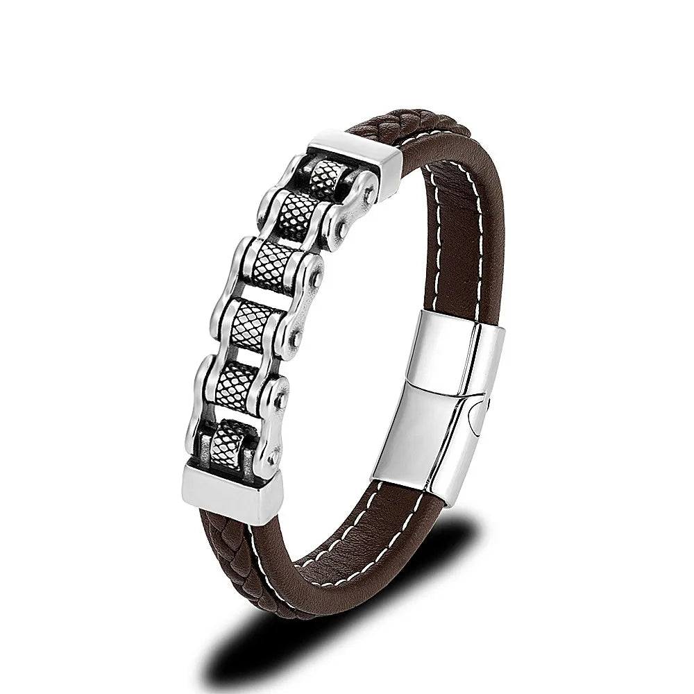 Biker Chain Braided Genuine Leather/ Stainless Steel