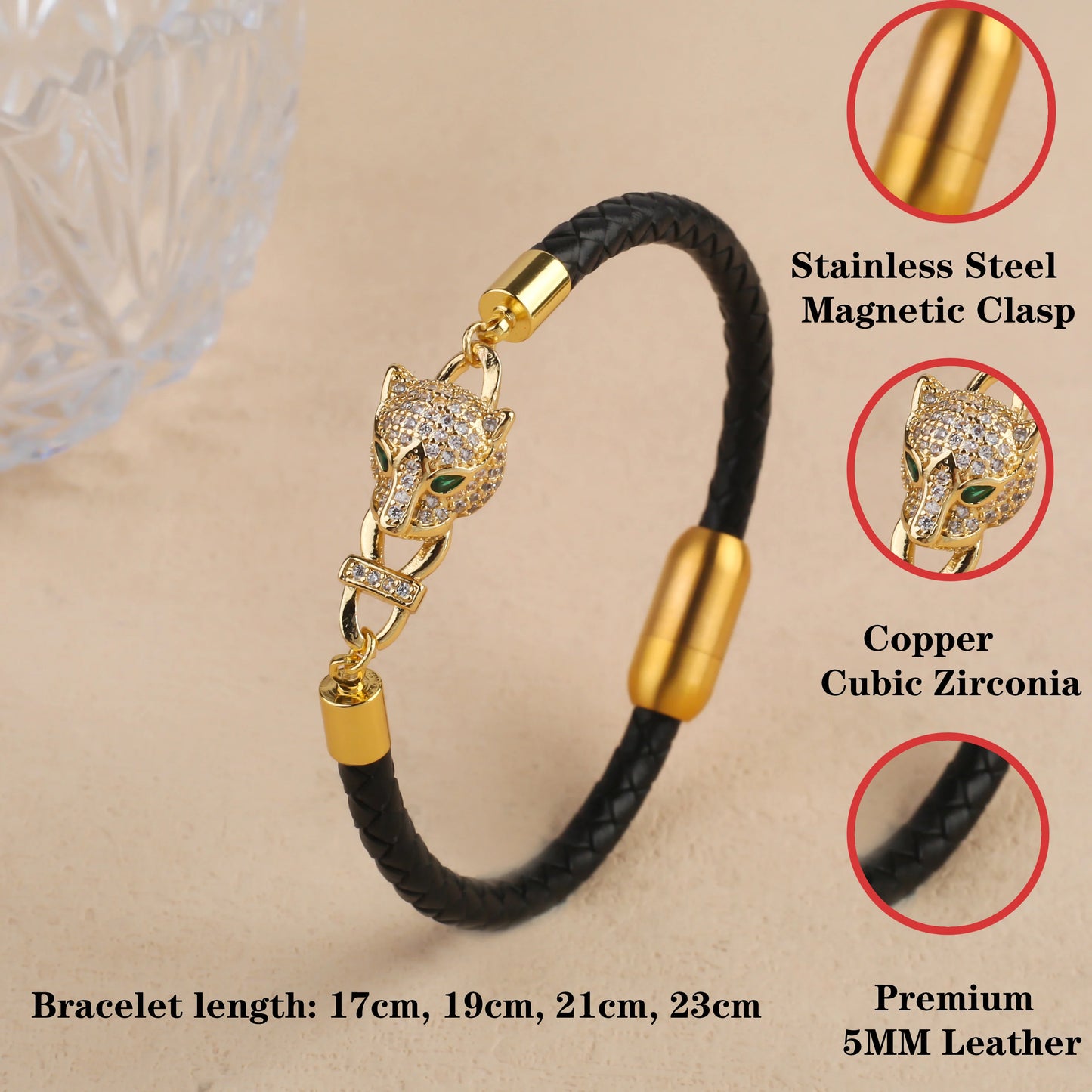 Leopard Head Braided Stainless Steel Zirconia Jewelry