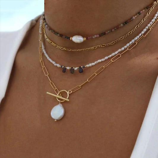 Tourmaline Natural Pearl Charm Gold-Colored Necklace