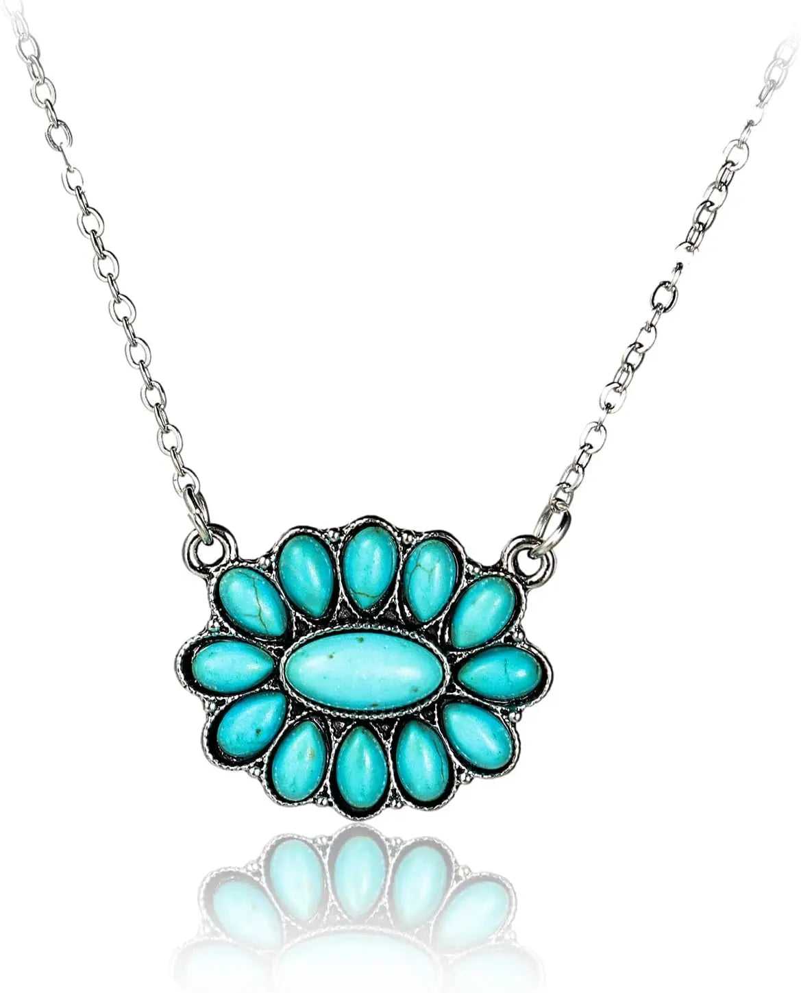 Natural Turquoise Boho Bead Silver Necklace