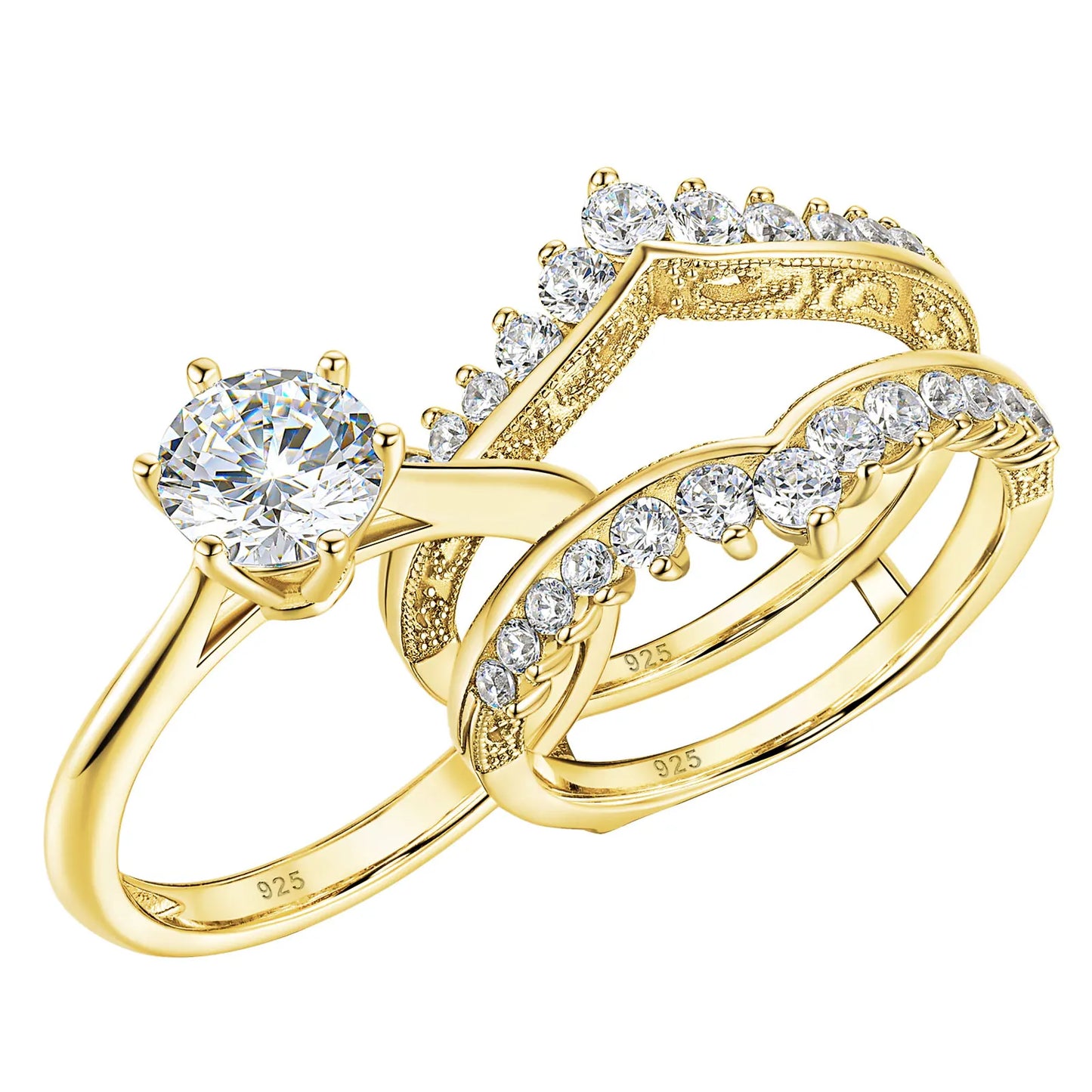 14k Yellow Gold Bridal Ring Set 2Ct Round Cut AAAAA Cubic Zircon