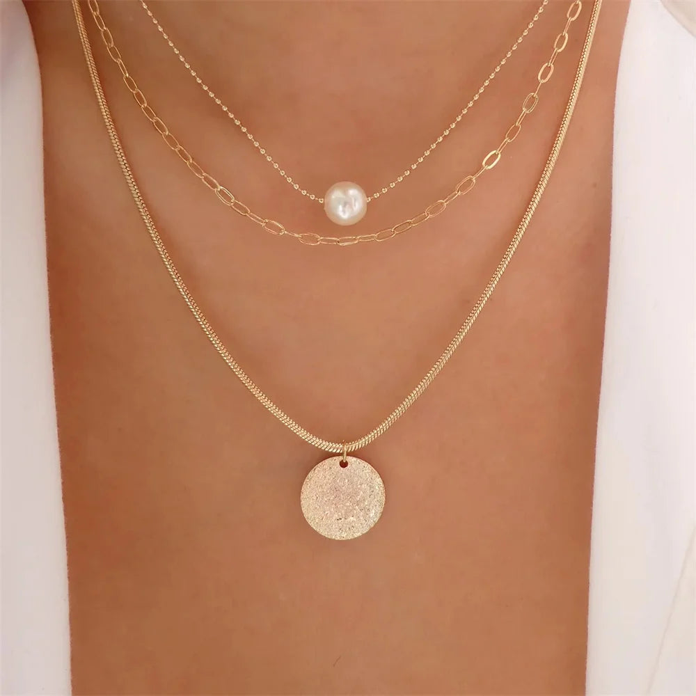 Pendant Pearl Necklace Gold Color Multi-layer