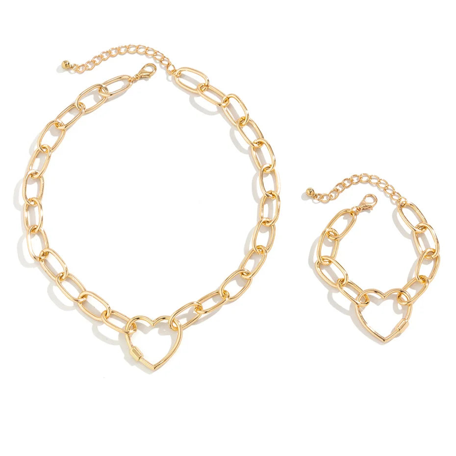 2Pcs Vintage Heart Necklace & Bracelets Jewelry Set