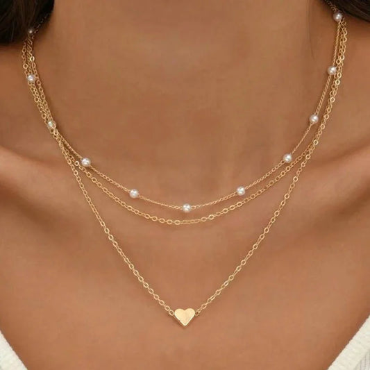 Multilayer Pearl Love Heart Pendant Necklaces