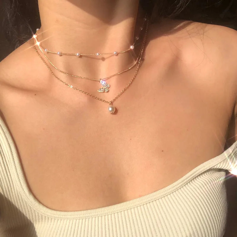 Crystal Pearl Layered Collar Necklace
