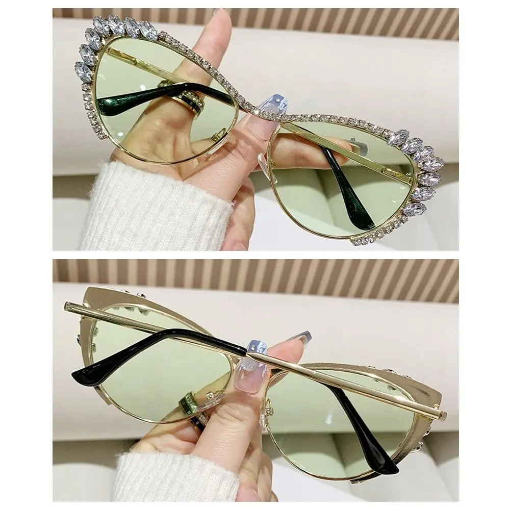 Cat-Eye Rhinestone Embellished Metal Sunglasses