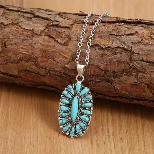 Natural Turquoise Boho Bead Silver Necklace