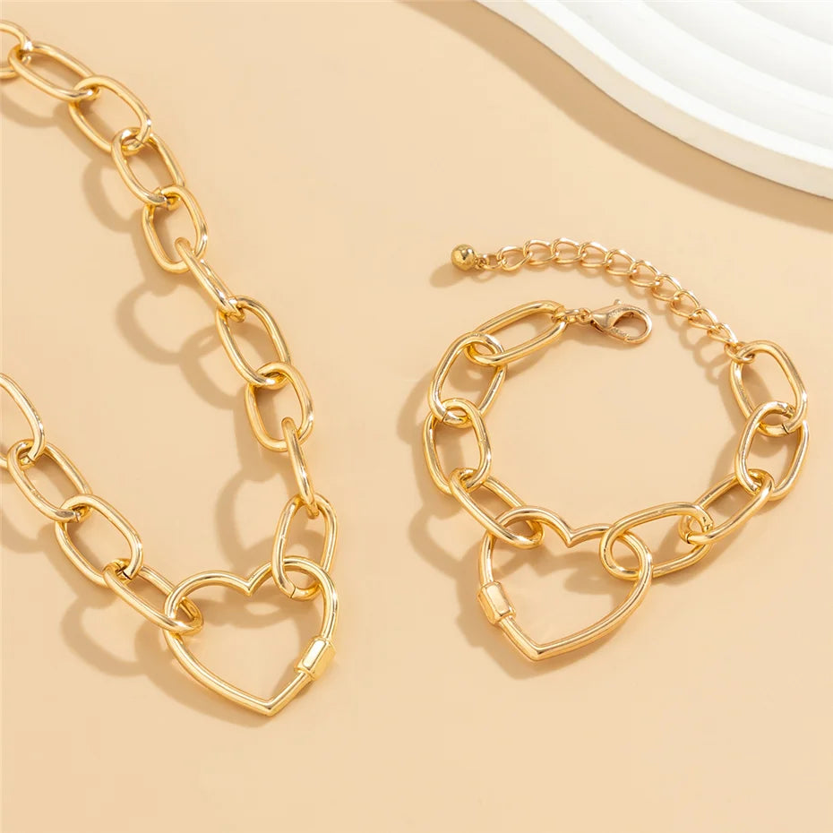 2Pcs Vintage Heart Necklace & Bracelets Jewelry Set