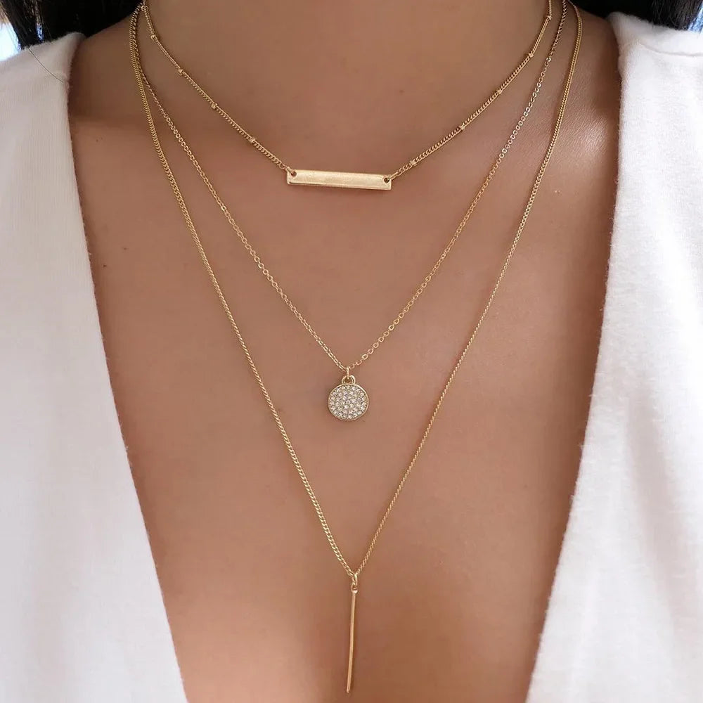 Gold Multi-Layer Crystal Pendant Necklaces
