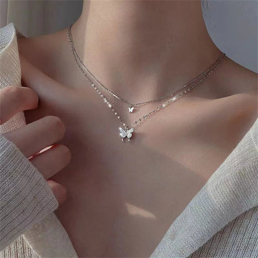 Shiny Butterfly Exquisite Double Layer Necklace
