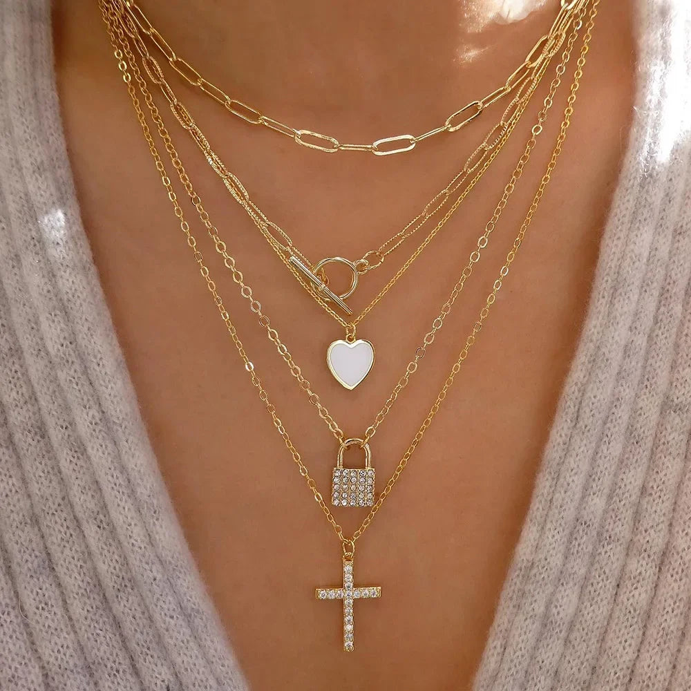Gold Multi-Layer Crystal Pendant Necklaces