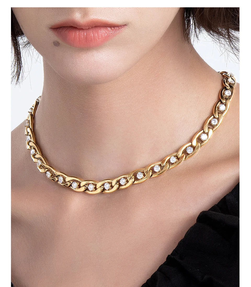Luxurious Stainless Steel Zircons Gold Necklace
