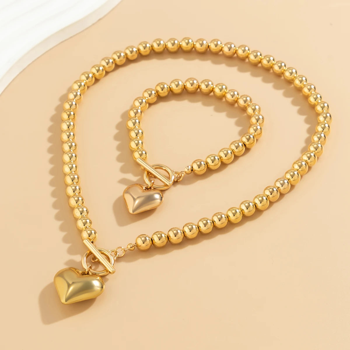 Acrylic Beads String Necklace & Bracelet With Heart Pendant