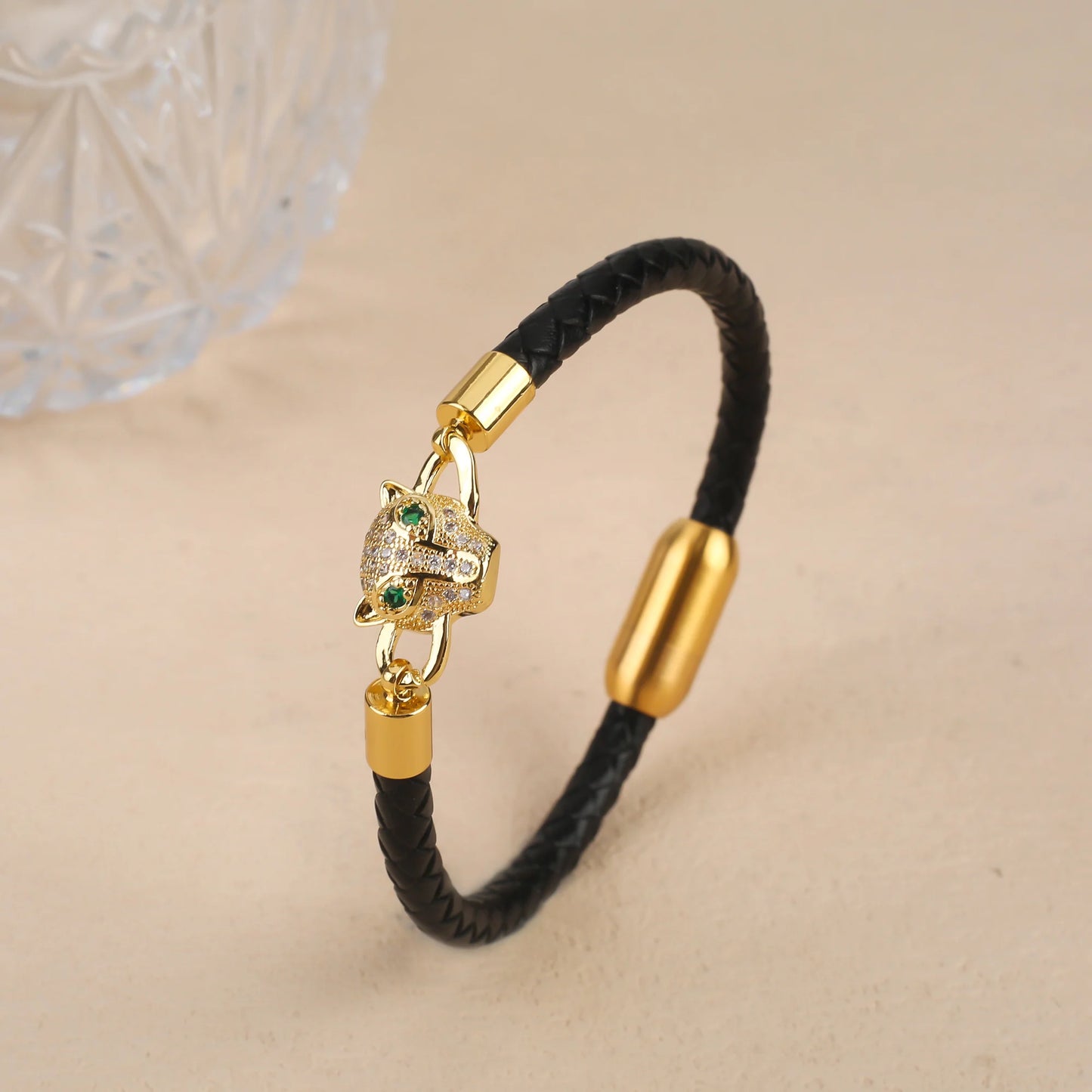 Leopard Head Braided Stainless Steel Zirconia Jewelry