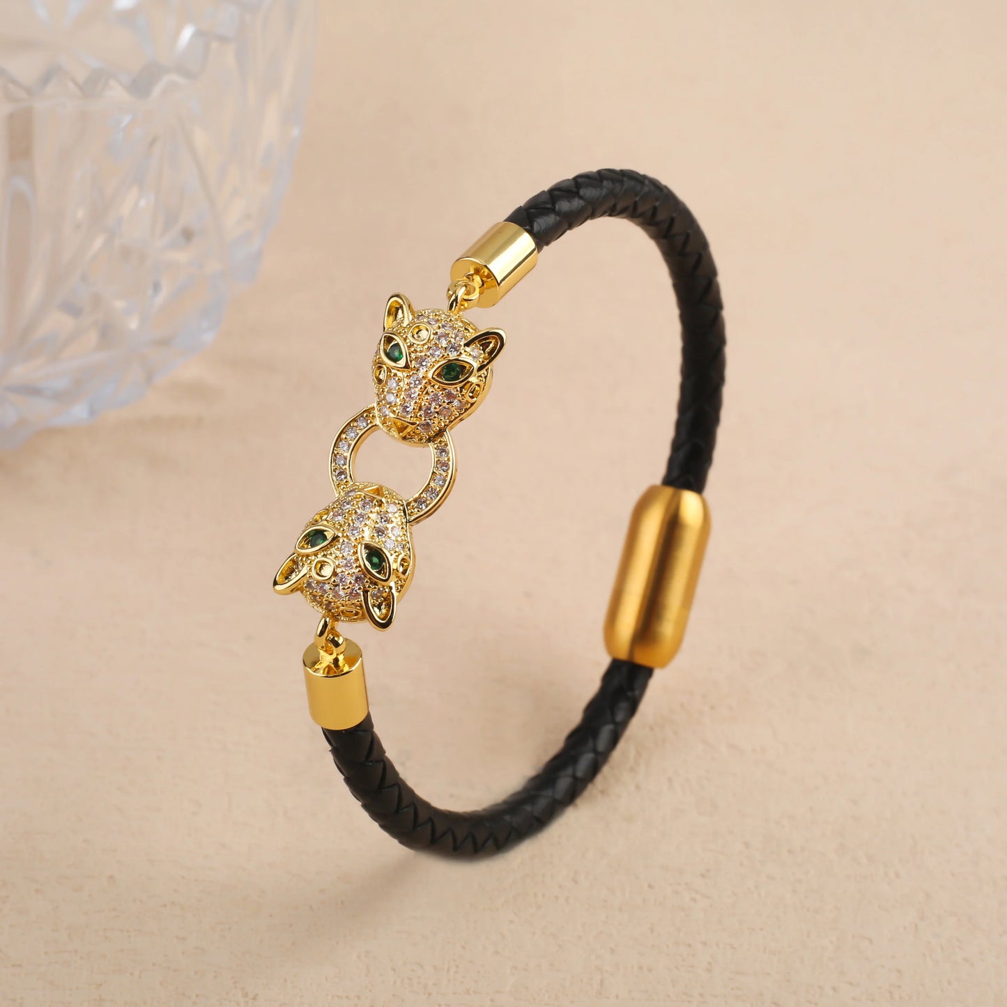Leopard Head Braided Stainless Steel Zirconia Jewelry