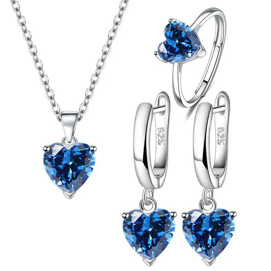Heart Zircon 925 Silver Jewelry Sets | Ring, Earrings, Necklace