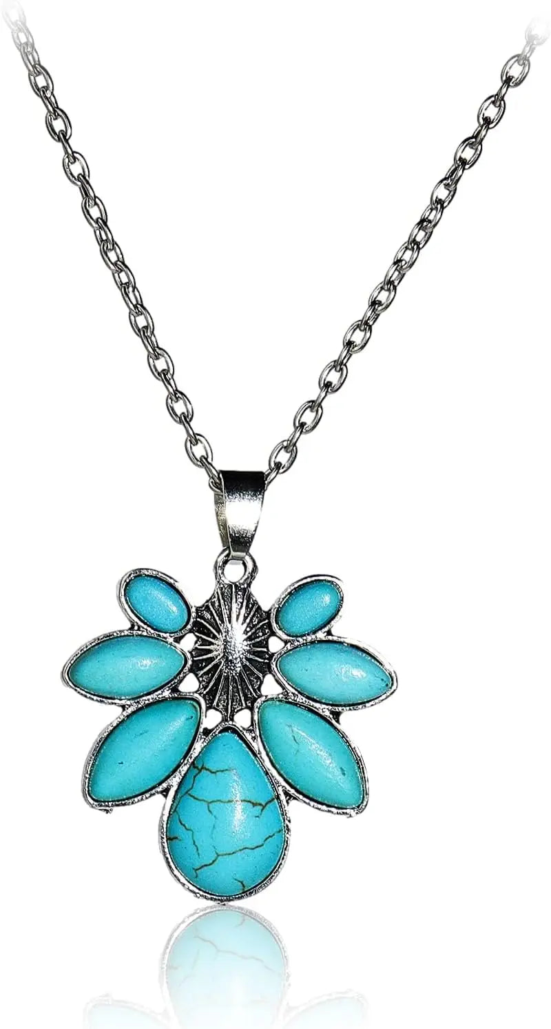Natural Turquoise Boho Bead Silver Necklace