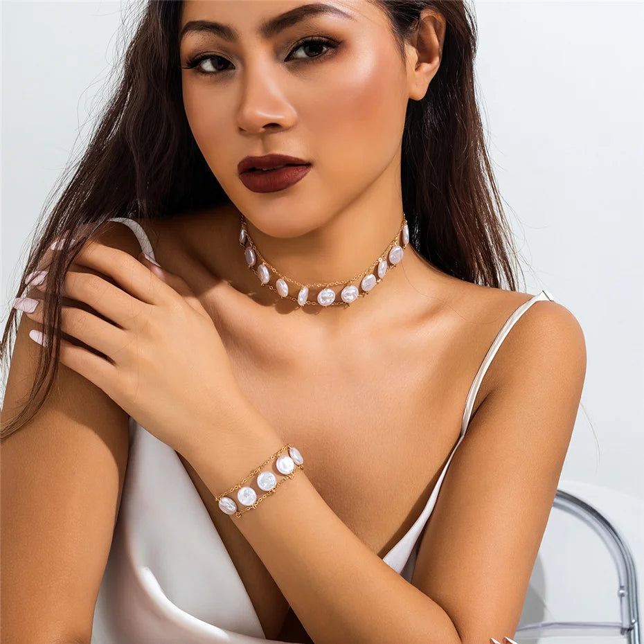 Pearl Chain Necklace and Bracelet Set