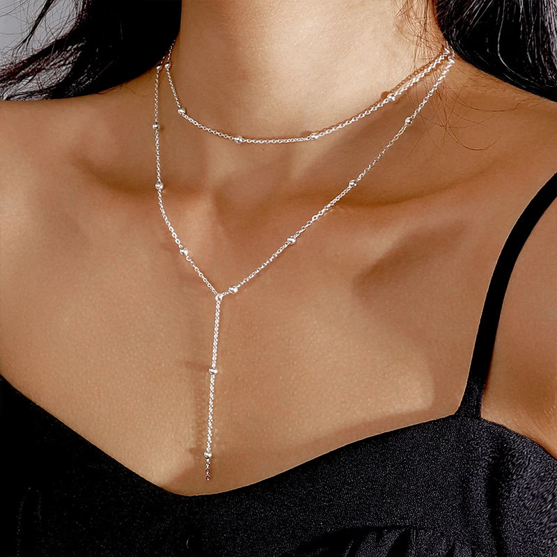 Trendy 925 Sterling Silver Double Layer Bead Necklace