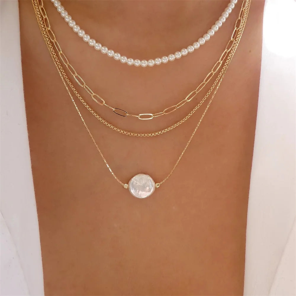 Pendant Pearl Necklace Gold Color Multi-layer