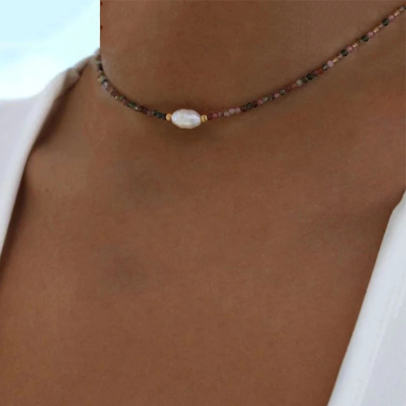 Tourmaline Natural Pearl Charm Gold-Colored Necklace