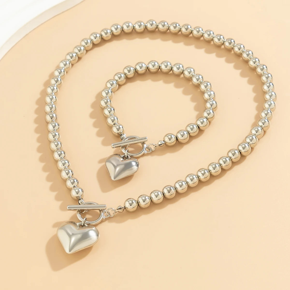 Acrylic Beads String Necklace & Bracelet With Heart Pendant