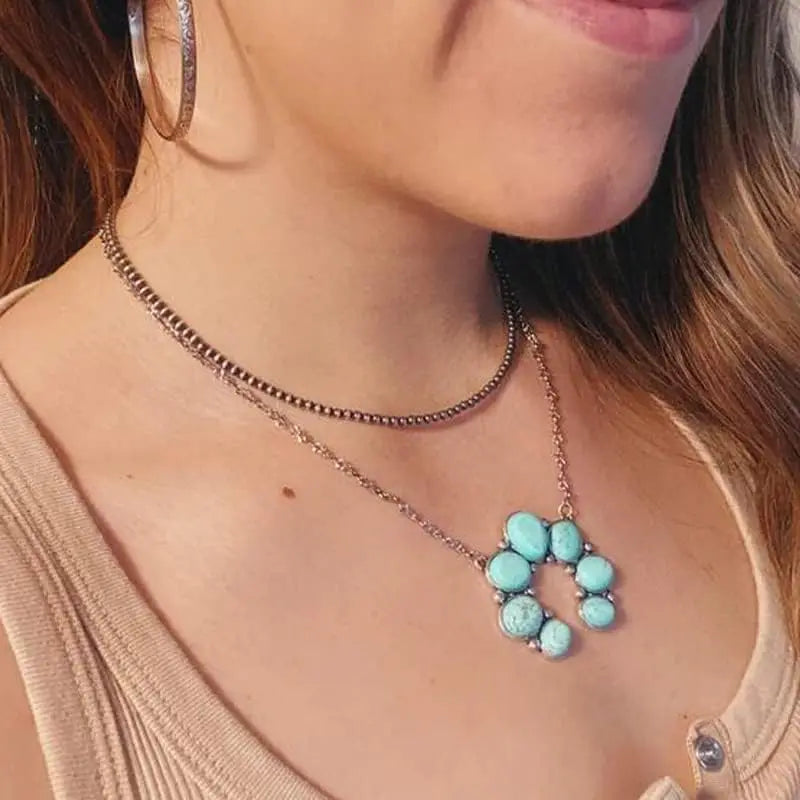 Natural Turquoise Boho Bead Silver Necklace