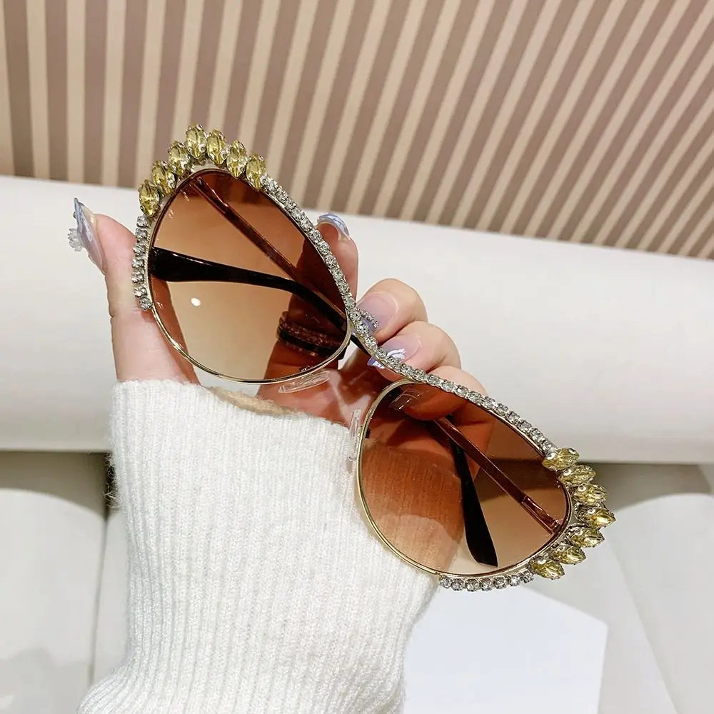 Cat-Eye Rhinestone Embellished Metal Sunglasses