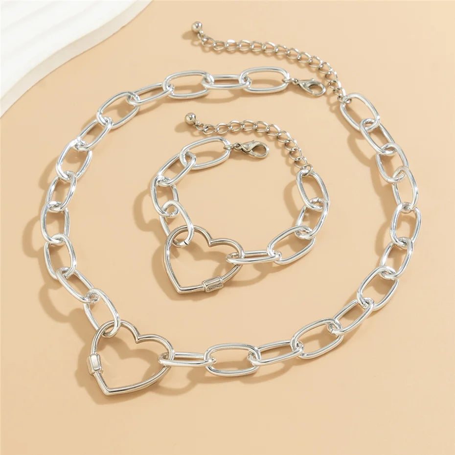 2Pcs Vintage Heart Necklace & Bracelets Jewelry Set