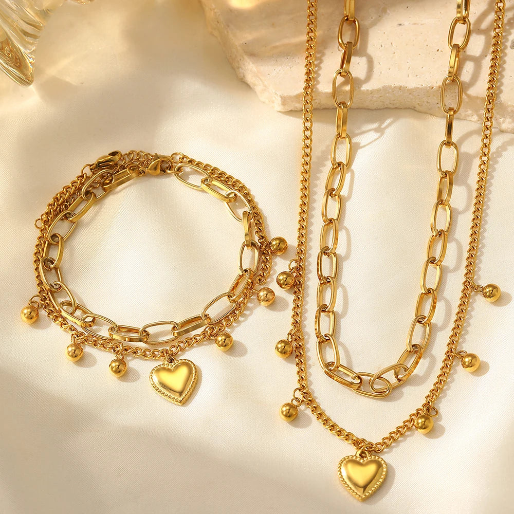 Heart Beads Double Layered Necklace | Bracelet Set