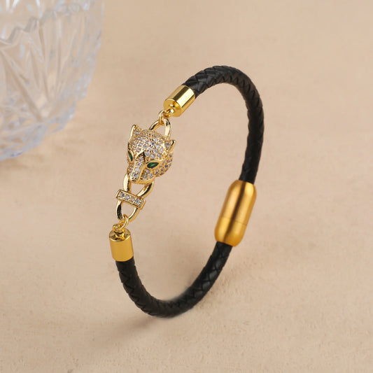 Leopard Head Braided Stainless Steel Zirconia Jewelry