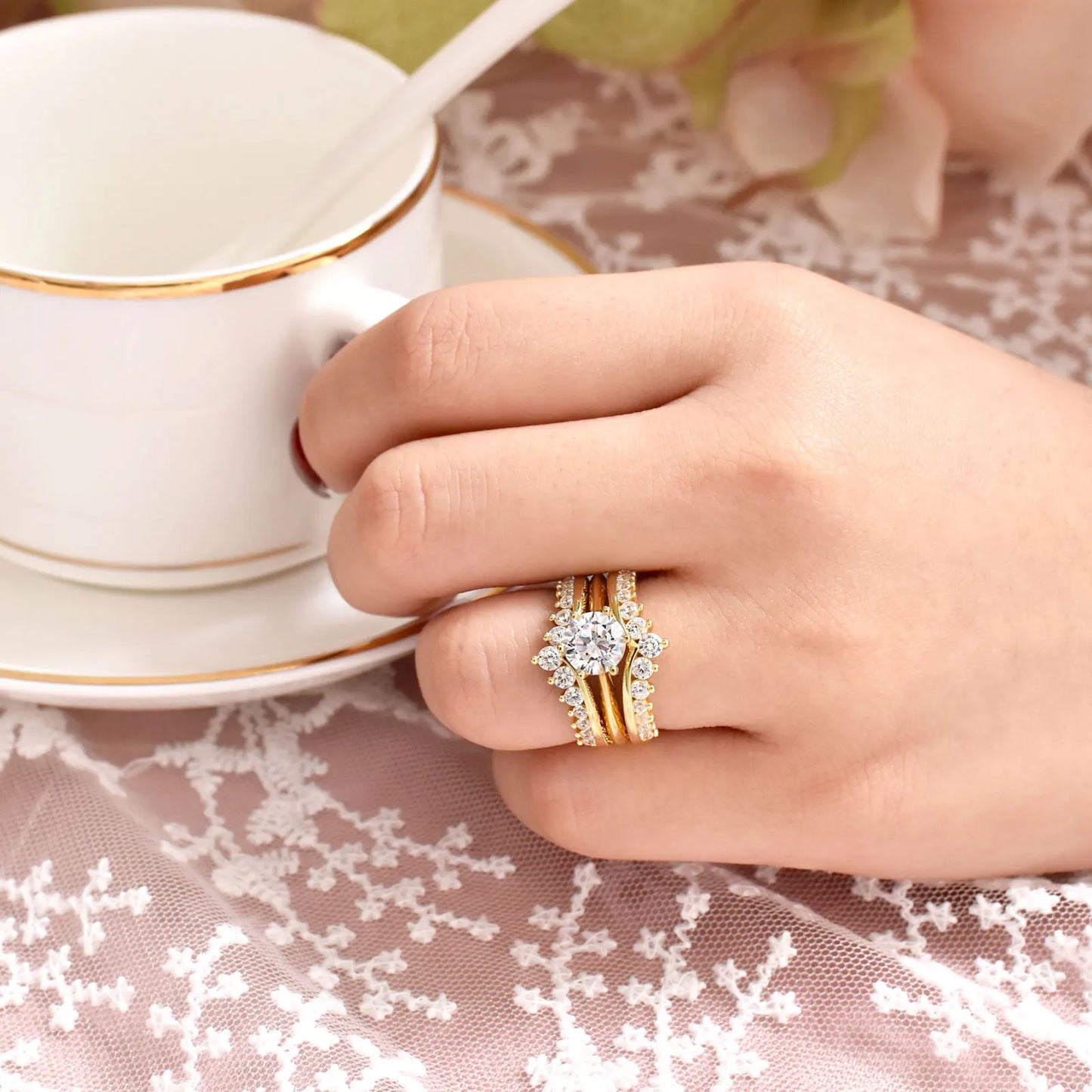 14k Yellow Gold Bridal Ring Set 2Ct Round Cut AAAAA Cubic Zircon