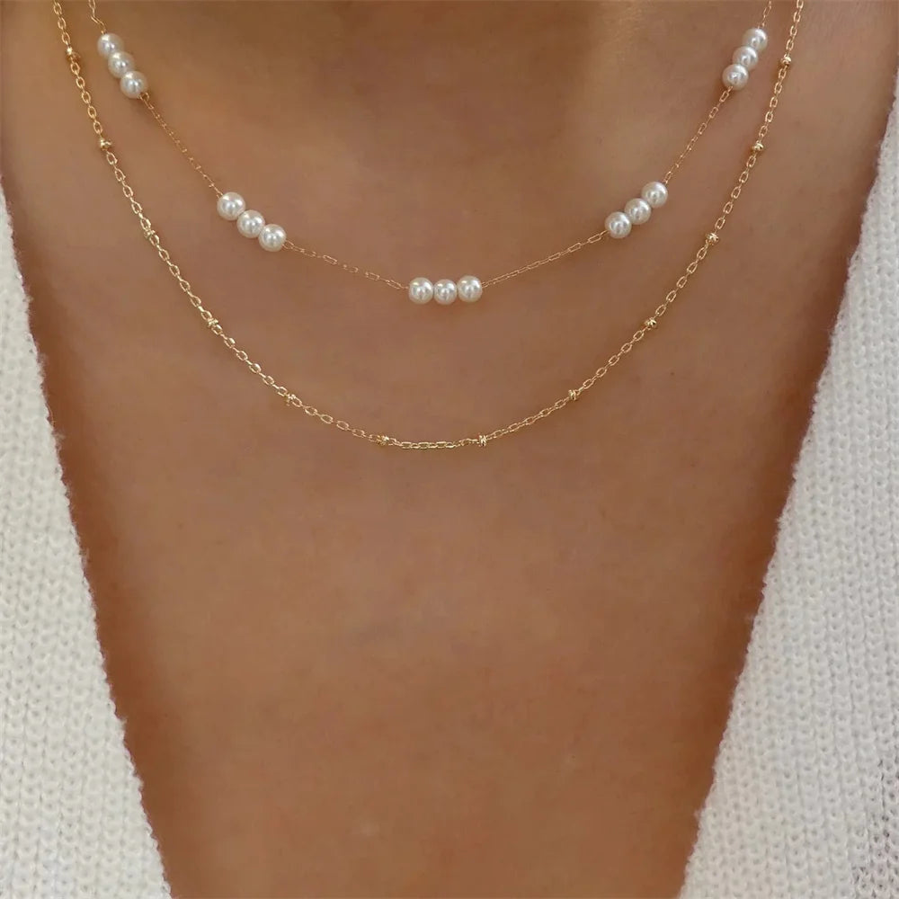 Pendant Pearl Necklace Gold Color Multi-layer