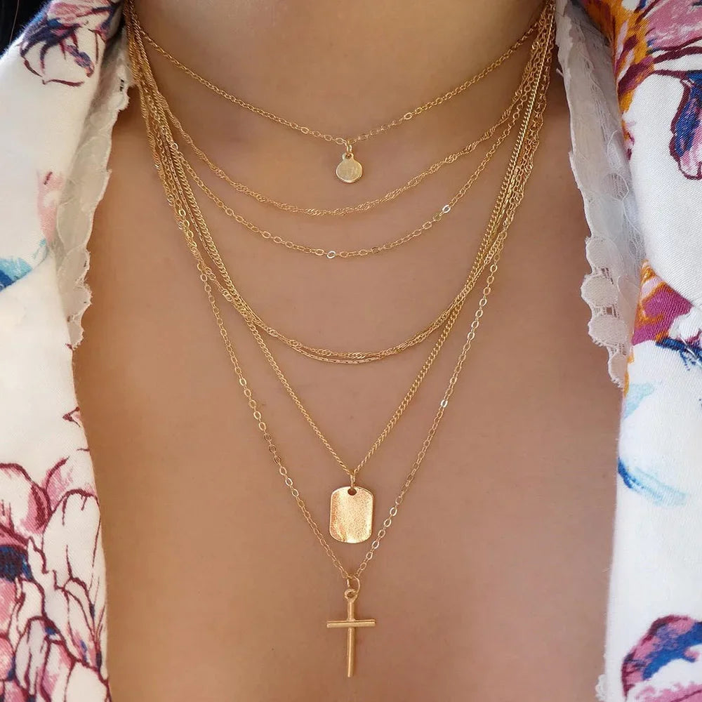 Gold Multi-Layer Crystal Pendant Necklaces