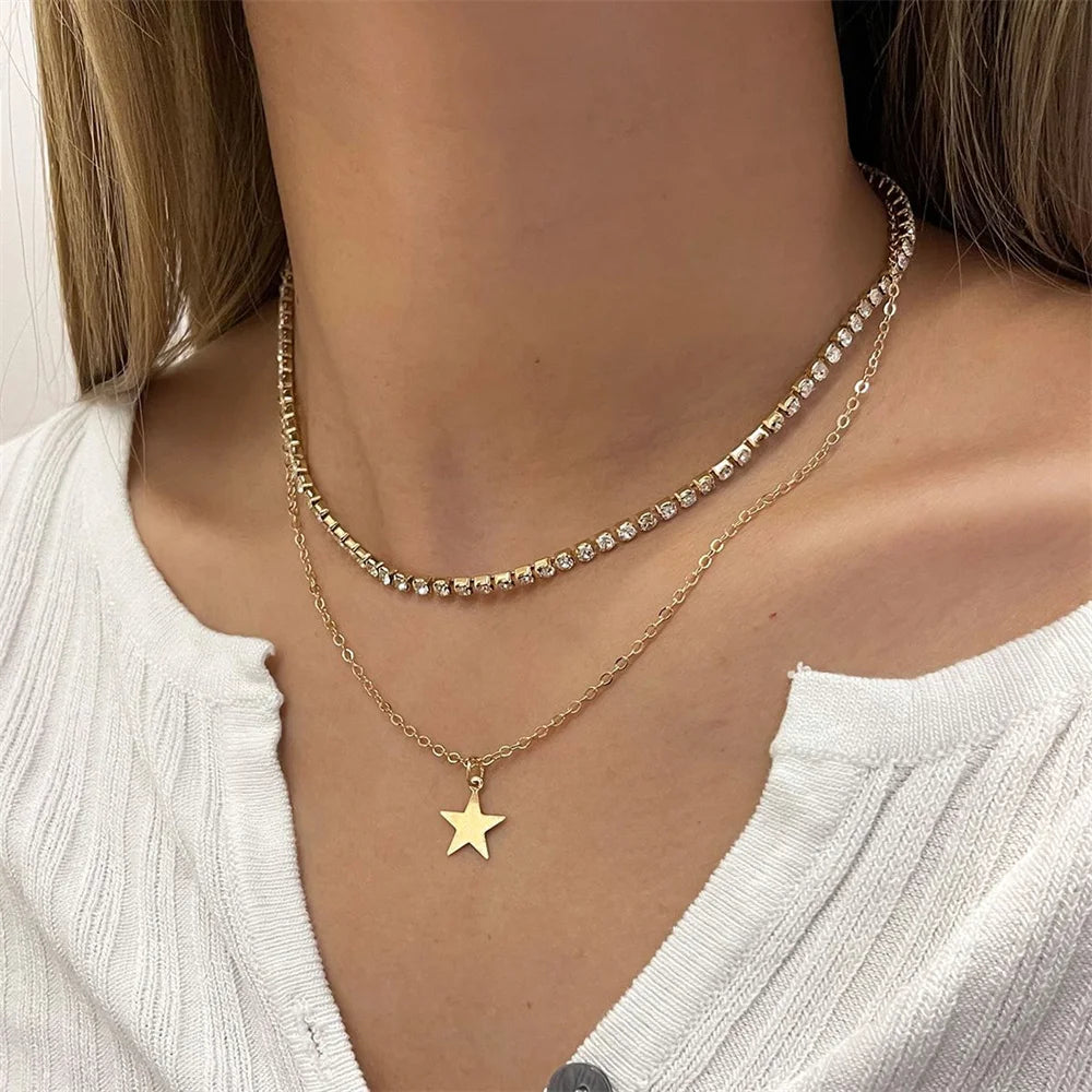 Crystal Star Cross Sequin Pendant Necklace Multilevel Jewelry