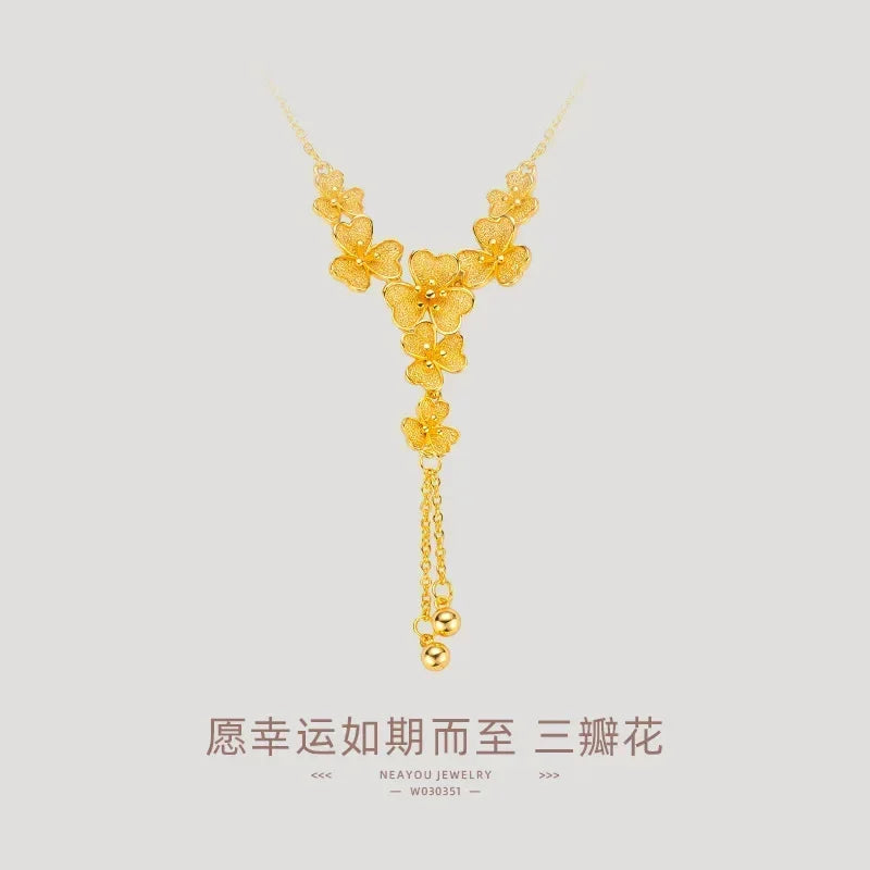Real Gold 24K three-petaled grass collarbone necklace