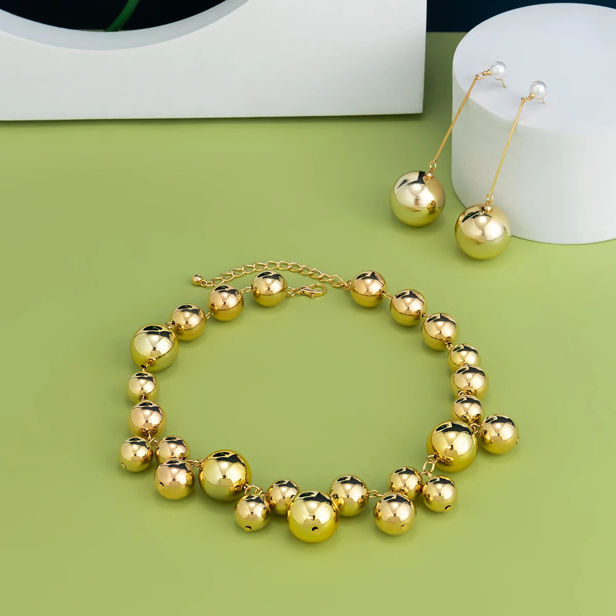 Ball Bead Chain Necklace & Drop Earrings