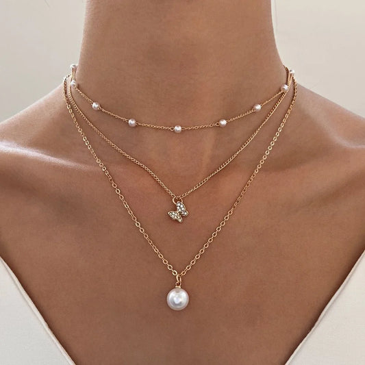 Gold-plate Pearl Sequin Pendant Necklace Multilevel Jewelry