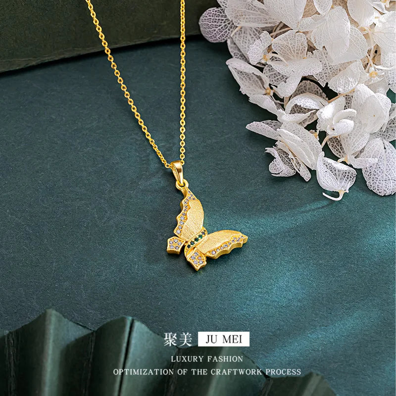 9999 24K   real gold store same gold women's necklace set with diamonds, butterfly beautiful jewelry