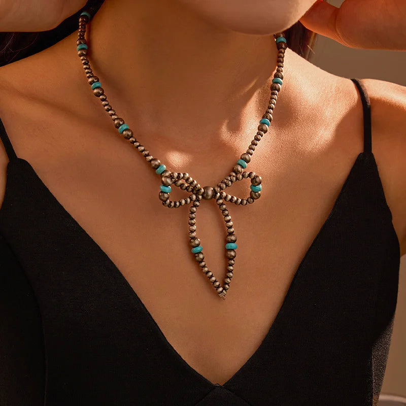 Turquoise Pearl Denim Style Necklace