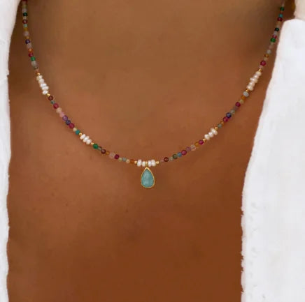 Tourmaline Natural Pearl Charm Gold-Colored Necklace