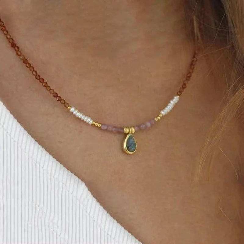 Tourmaline Natural Pearl Charm Gold-Colored Necklace