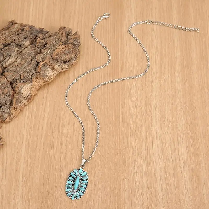 Natural Turquoise Boho Bead Silver Necklace