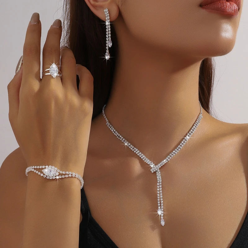 Luxury Sparkling Set Zirconia Tassel Necklace, Earrings, & Bracelet