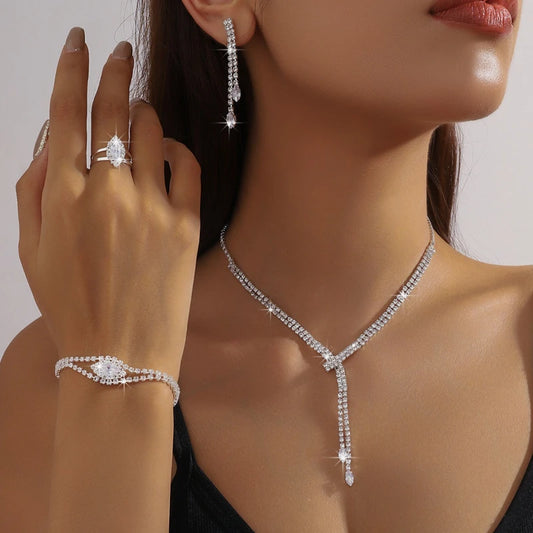 Luxury Sparkling Set Zirconia Tassel Necklace, Earrings, & Bracelet