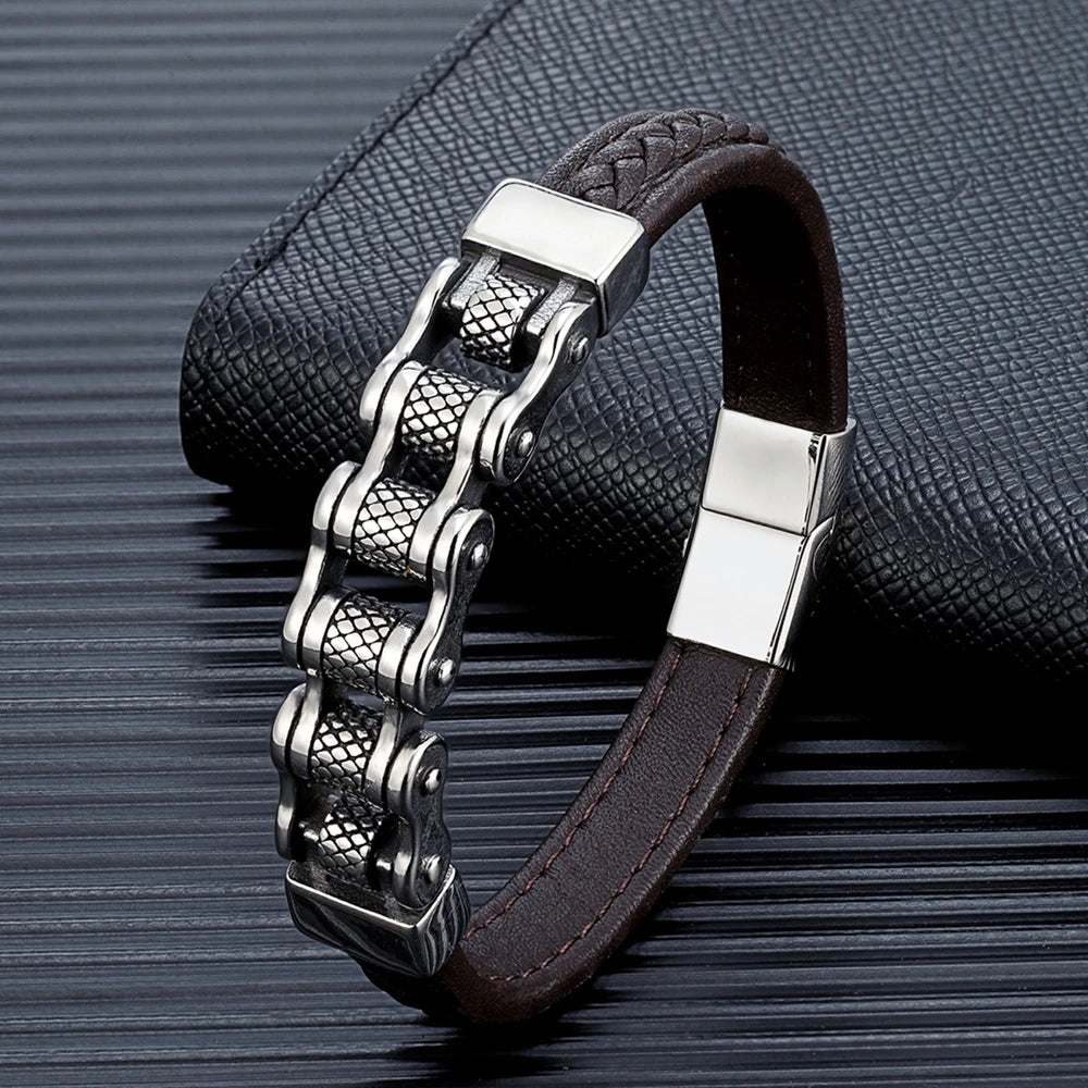 Biker Chain Braided Genuine Leather/ Stainless Steel