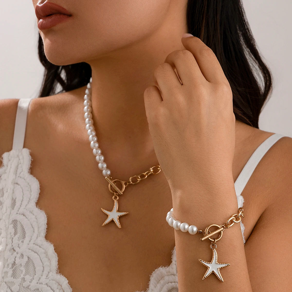 2Pcs Starfish OT Buckle Pendant Necklace Jewelry Set