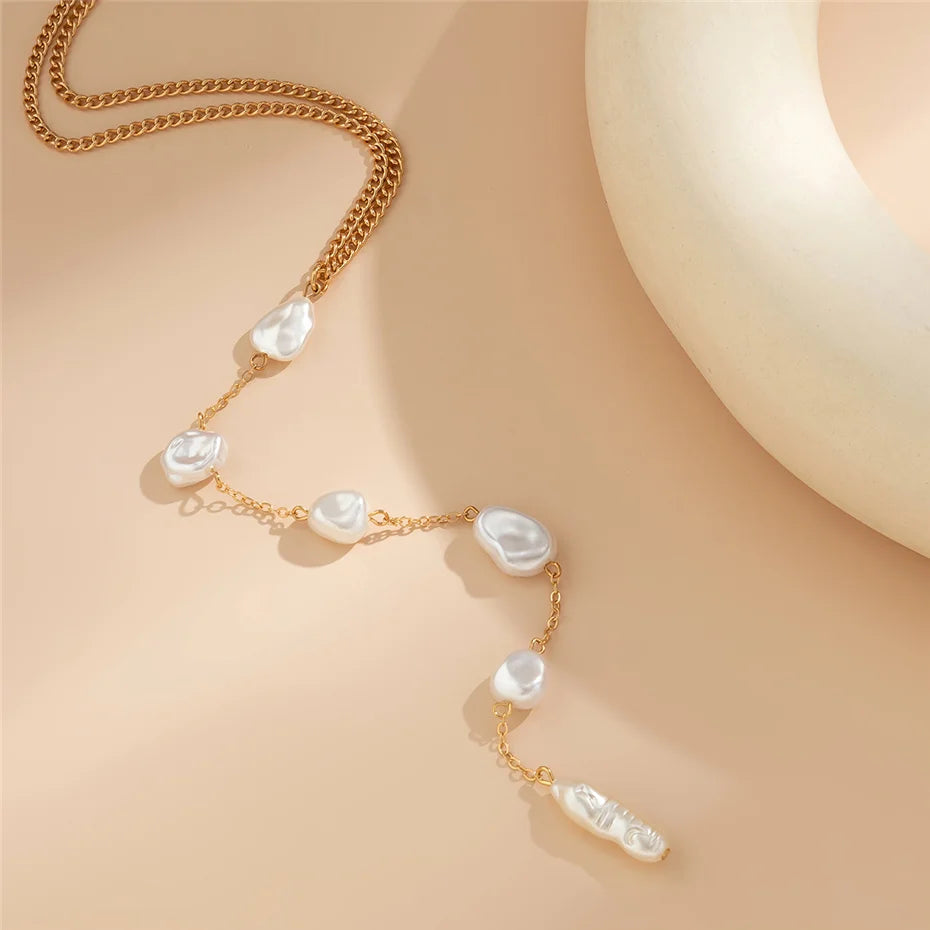 Sexy Simple Irregular Imitation Pearl Long Chain Back Necklace Women Bikini Goth Chest Choker Aesthetic Jewelry Wed Accessories