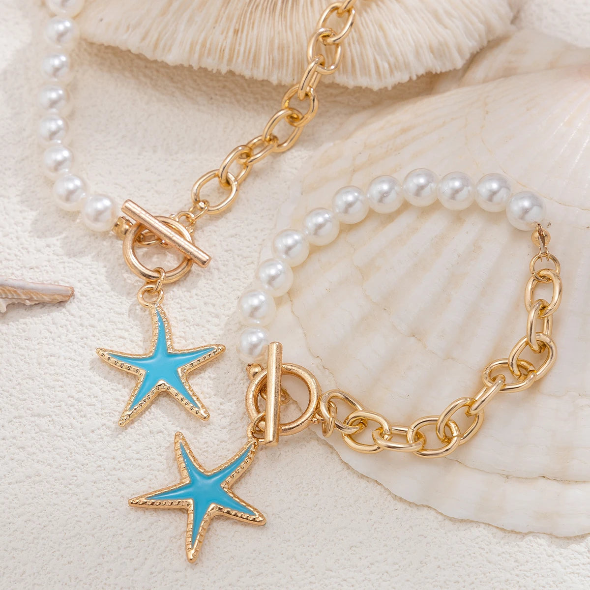 2Pcs Starfish OT Buckle Pendant Necklace Jewelry Set