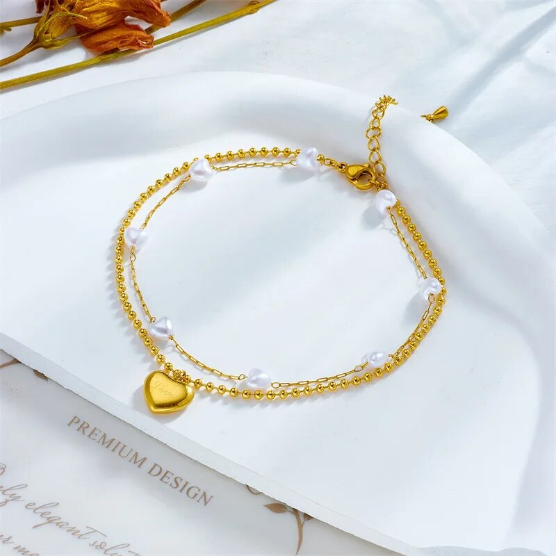 316L Stainless Steel 2-Layer Heart Pearl Charm Anklets